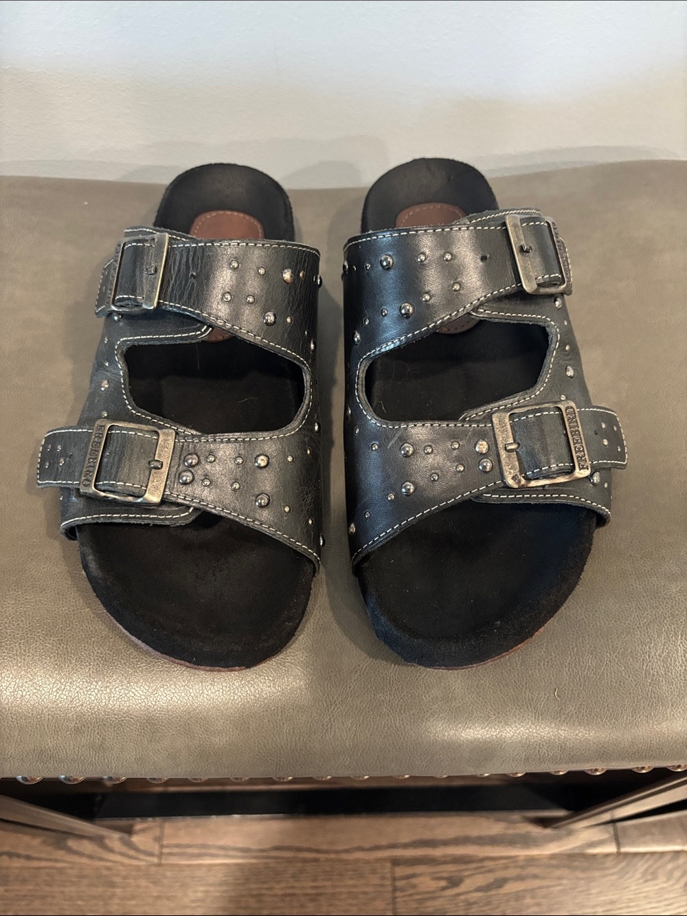 freebird Black Studded Double-Buckle Slide Sandals - Picture 2 of 6